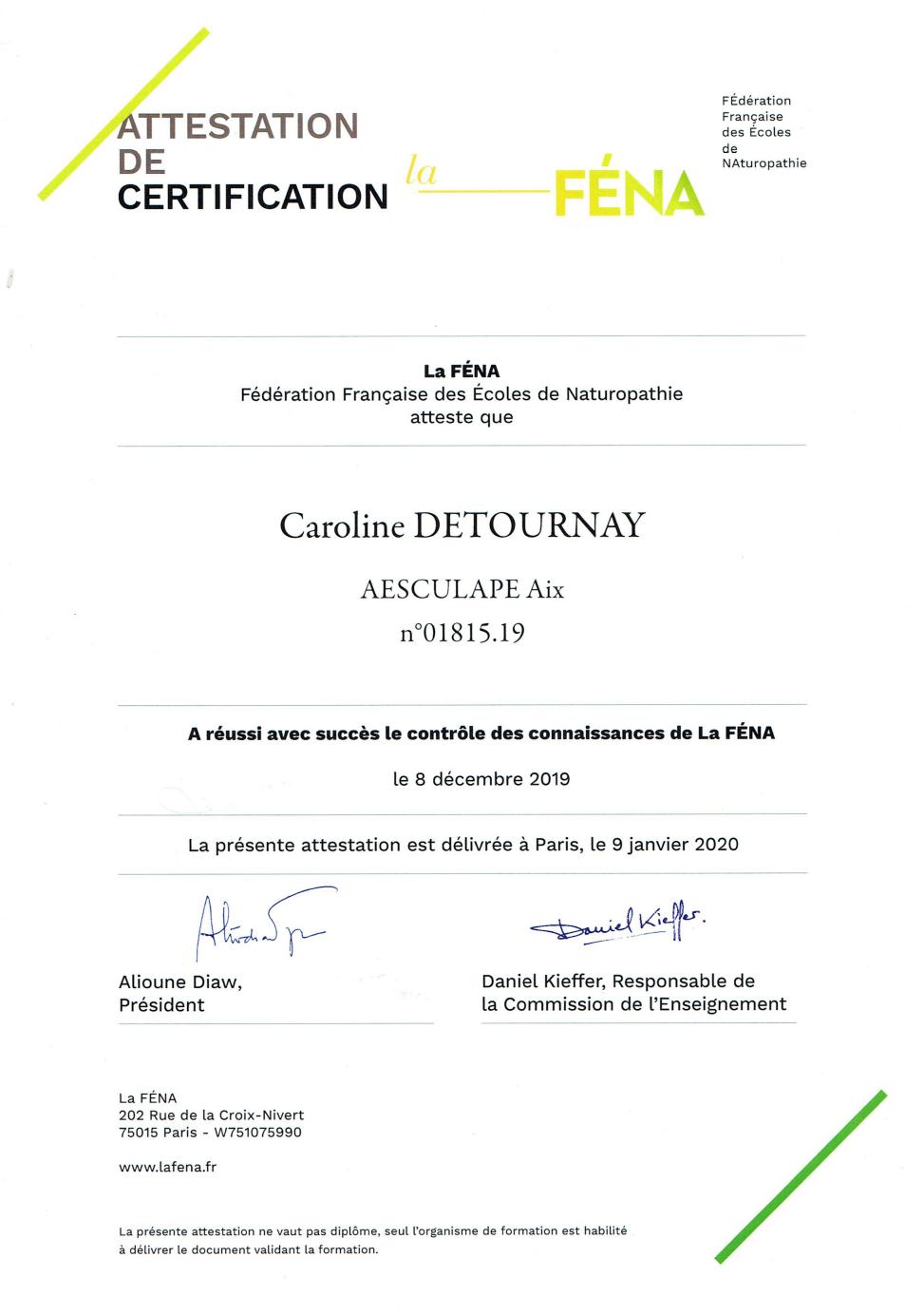 image certificat Fena  Caroline Detournay (70.5kB)