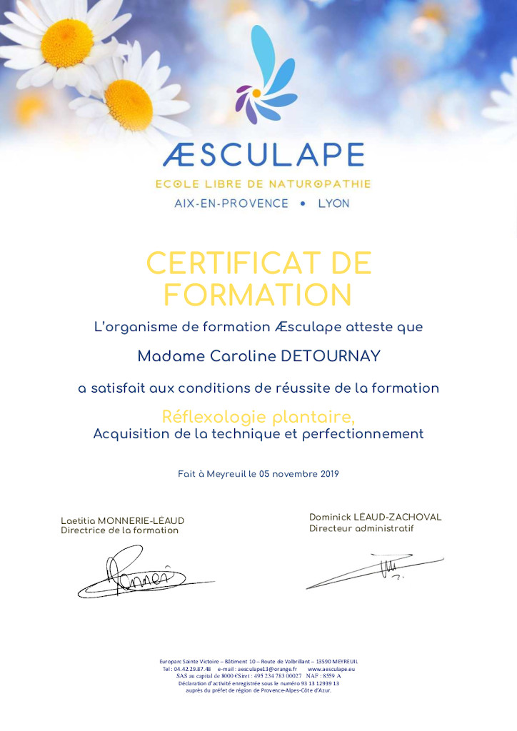 image Certificat de Reflexologie Plantaire Caroline Detournay